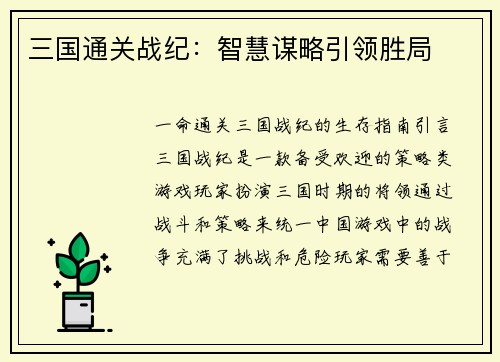 三国通关战纪：智慧谋略引领胜局